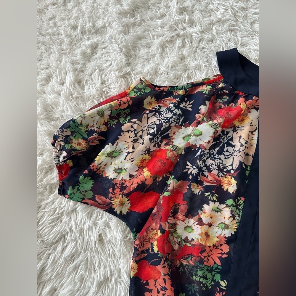 BCX Red and Navy Blue Floral Blouse Puff Sleeve Mandarin Collar - Picture 3 of 9